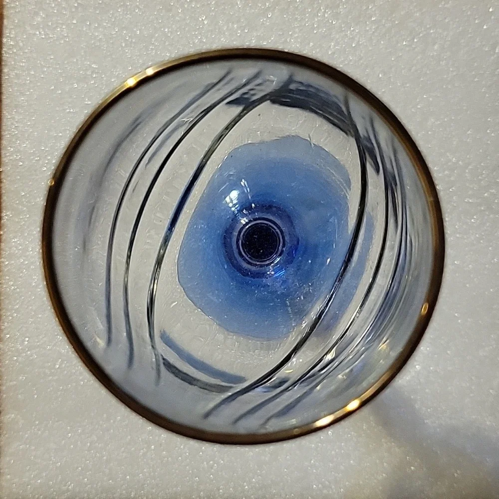 Vtg Lenox Blue Long Stemmed Pedestal Crystal Gold Rim Wine Water Goblet Glass